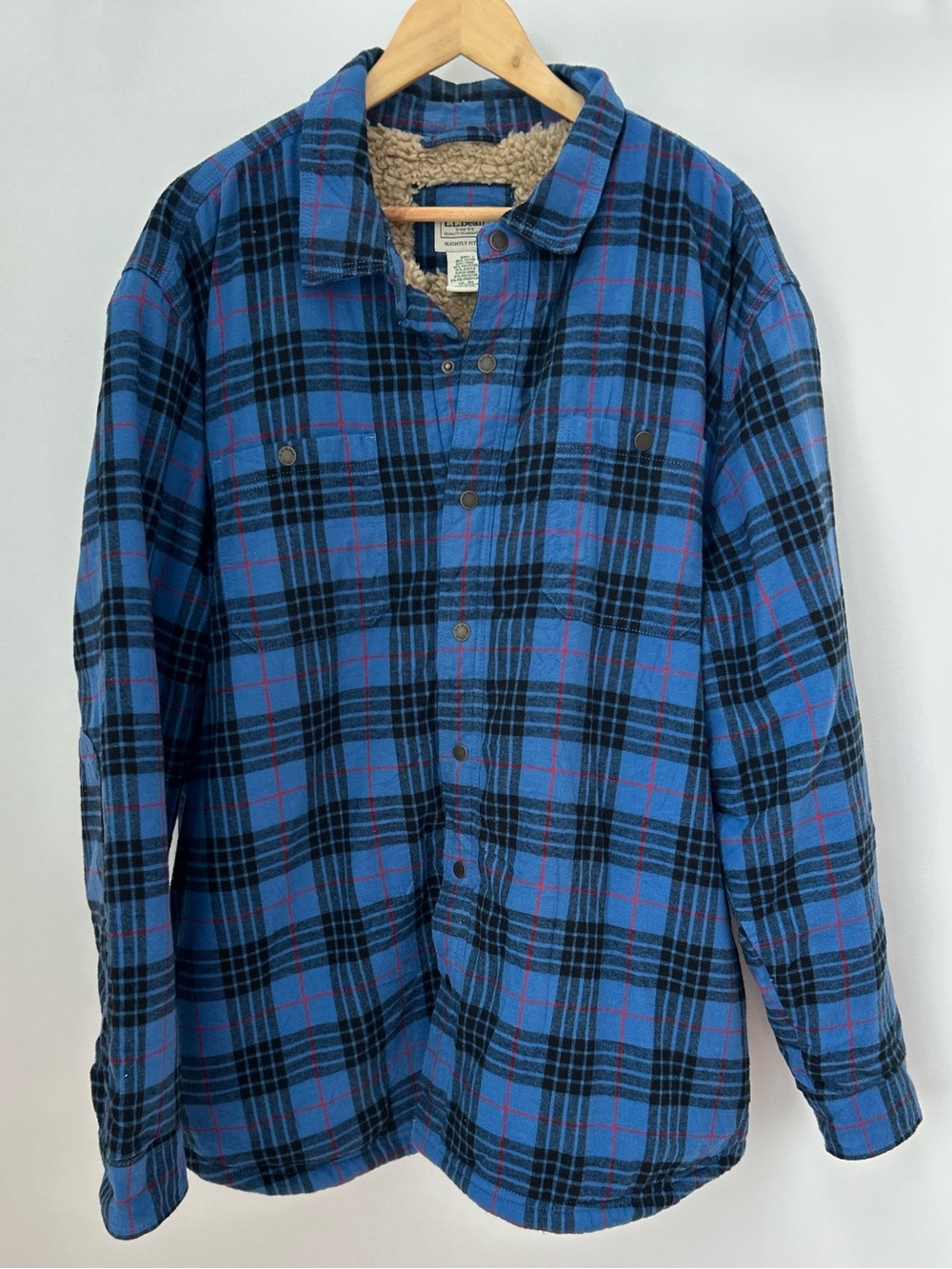 🔥 L.L. Bean Sherpa Fleece-Lined Flannel Shirt Jacket Blue Plaid XXL Like New